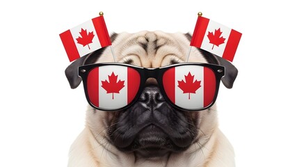 Pug dog celebrating canada day with flags and patriotic eyewear