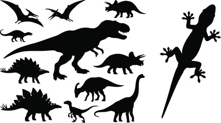 Dinosaur and Lizard Silhouette Collection with Prehistoric Reptiles Flying Pterosaurs and Gecko Vector Set © SreeRupali