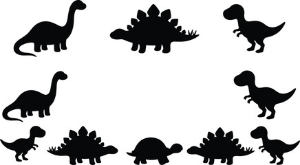 Cute Dinosaur Silhouette Collection with T Rex Stegosaurus Sauropod and Turtle Vector Cartoon Set © SreeRupali