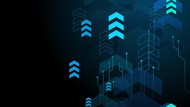 Abstract dark tech background with upward arrows and geometric hexagonal circuitry pattern animation
