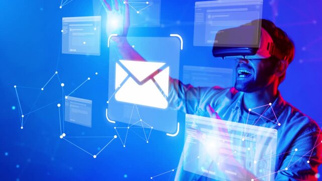 A person enthusiastically engages with virtual reality technology, surrounded by digital interfaces and email symbols, in a vibrant blue setting. Raster