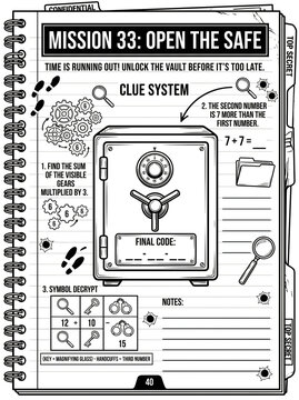 Intricate escape room puzzle challenge with vintage-style safe and gear-based math and symbol decryption clues on spiral-bound notebook page
