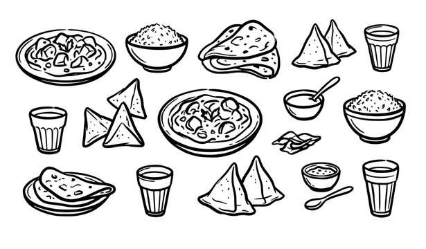 Trendy Indian food outline sketch vector bundle with hand drawn traditional cuisine illustration