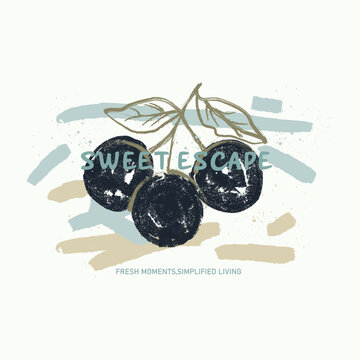 Sweet Escape Fresh Moments Botanical Cherry Illustration Typography T-Shirt Design