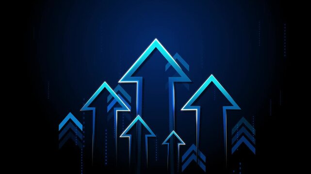 Glowing arrows pointing upward on dark gradient background animation, futuristic business growth concept, neon outlines and motion effects