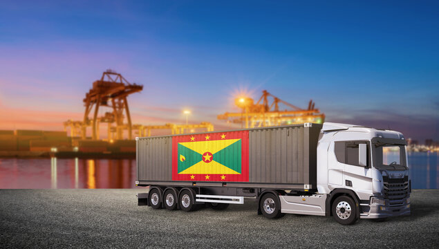 Grenada Flag on Shipping Container Truck: A modern shipping container truck displays the flag of Grenada, poised for transport at a bustling port during sunset.