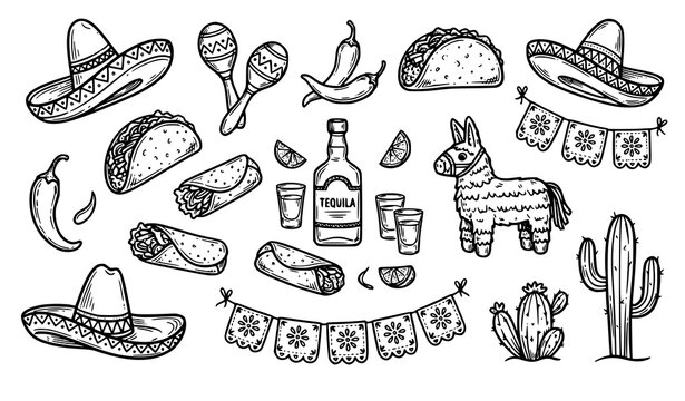 Cinco de Mayo outline sketch vector illustration set with Mexican festival celebration elements