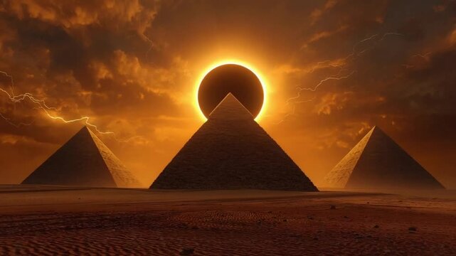 Majestic Giza pyramids silhouette during a cosmic alignment solar eclipse with lightning