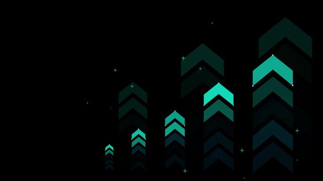 Stylized upward chevron bars background animation, forming ascending column chart shapes with small glowing stars