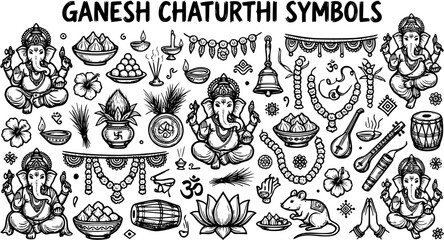 Naklejka premium Ganesh Chaturthi Symbols Vector Set: Hand-Drawn Black White Line Art Icons of Hindu God Ganesha, Festival Ritual Elements Indian Cultural Decorations