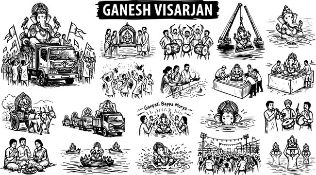 Ganesh Visarjan Indian Hindu Festival Black and White Line Art Sketch Illustration of Lord Ganesha Idol Immersion Ceremony and Celebration