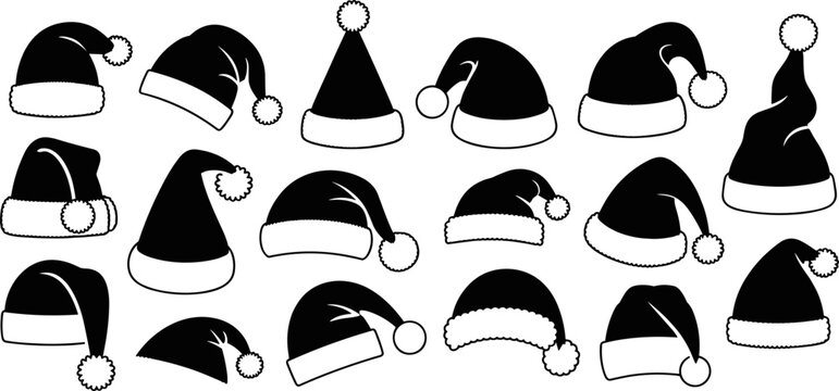Assortment of black Santa Claus hats with white trim and fluffy pom poms Keywords: Santa hat, Christmas hat, holiday, festive, winter