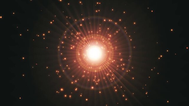 Bright central light burst with radial lens flare and scattered particles on dark background animation