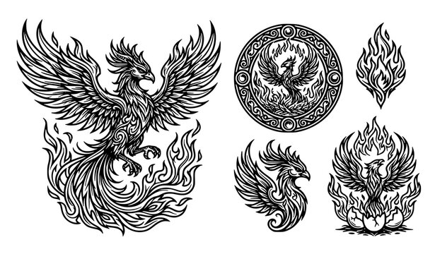 Mystic phoenix bird and fire element set, detailed black and white line art of mythological phoenix rising from flames