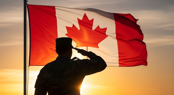 Canadian armed forces soldier saluting the flag at sunset