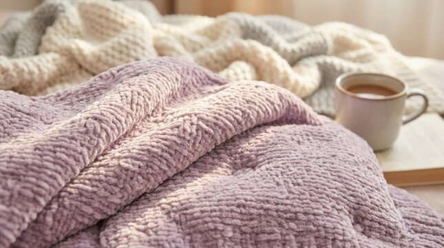 Close-up of textured pastel lavender chenille fabric blanket draped with cream and gray chunky knit throws, featuring a ceramic mug of warm tea and an open book in soft sunlight.