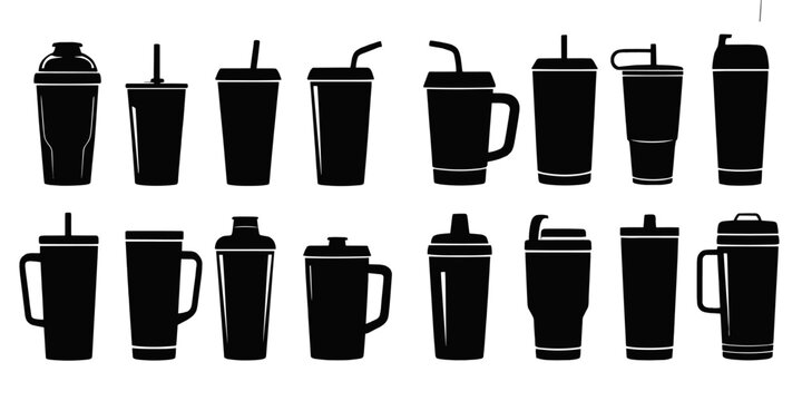 Assortment of black silhouette reusable drink cups and tumblers on white background Keywords: cup, tumbler, mug, shaker, bottle, drinkware