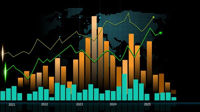 Stylized financial data visualization with colorful bar and line charts overlaid world map background animation