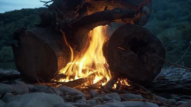 4K close-up footage of a campfire centered in frame on the stony bank of the Drina River at sunset, shot from Serbia with mountains of Bosnia and Herzegovina beyond the water.