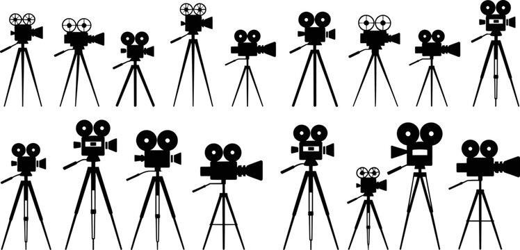 Black Silhouette Collection Of Vintage And Modern Film Cameras On Tripods movie camera video camera
