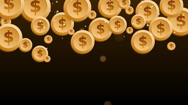 Falling coins with dollar signs on a dark gradient background animation, top-heavy composition with space below