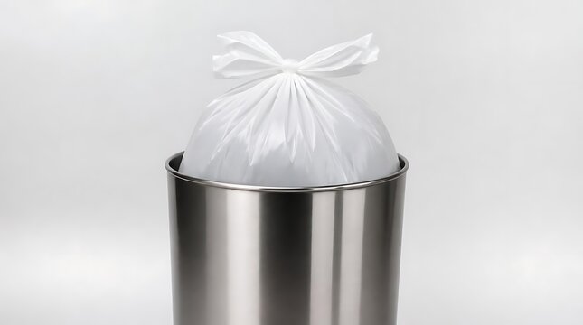 Close-up of a full white trash bag tied with a bow in a metal trash can.
