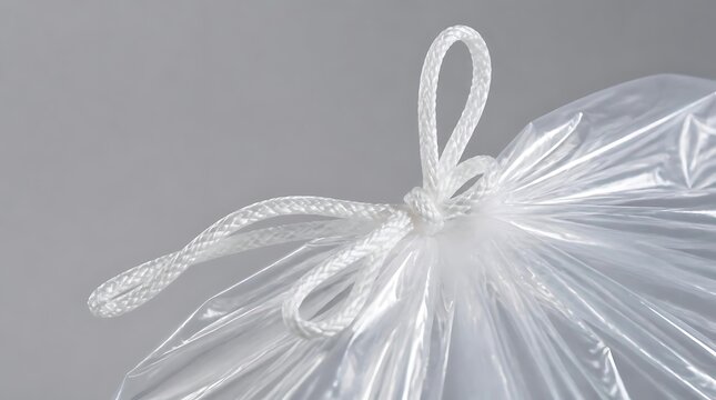 Close-up of a clear plastic bag tied with a white drawstring cord, isolated.