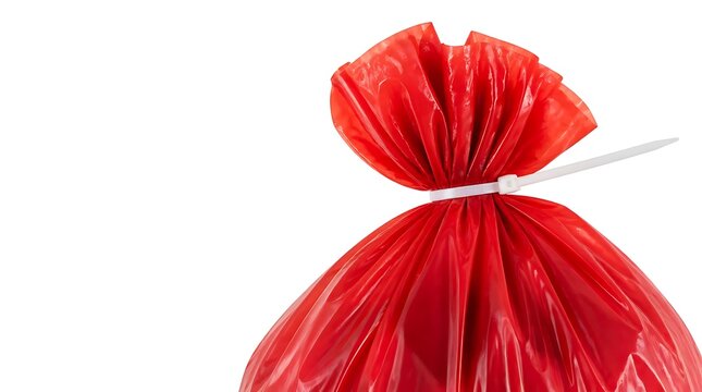 Close-up of a Red Plastic Trash Bag Tied with White Tie on White Background.