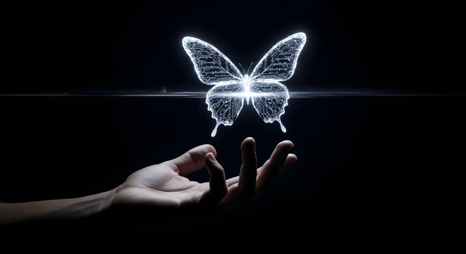 Luminous digital butterfly hovers above an open hand against a dark backdrop, symbolizing future tech