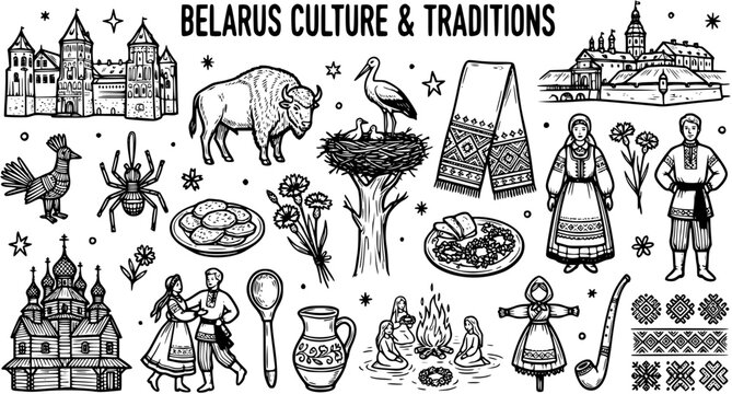 Belarus Culture and Traditions Line Art: Bison, Stork, Folk Costume, Slavic Symbols, Rural Life