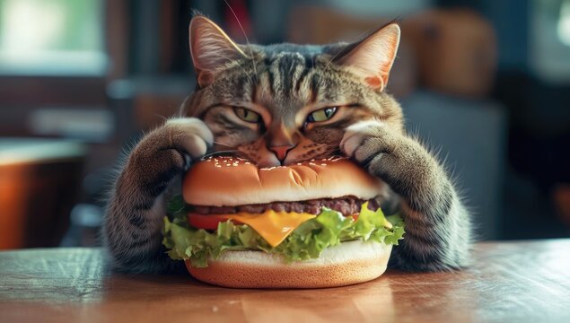 Cute tabby cat eagerly biting into a delicious cheeseburger on a wooden table.