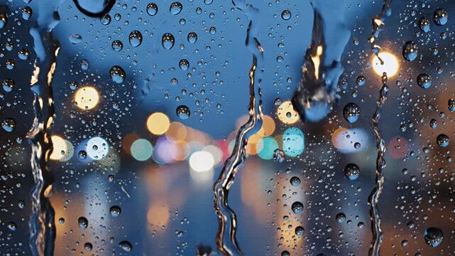 Close-up of rain drops and water streaks on glass, featuring blurred bokeh city lights at night. Perfect for backgrounds, creating a calm, reflective, or moody atmosphere.