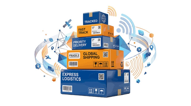 Vector illustration of global shipping and express logistics boxes on a transparent background