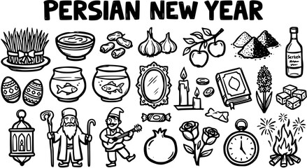 Persian New Year symbols, Nowruz illustration in black and white line art style, vector © jolly