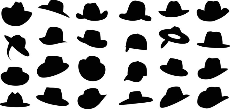 Collection of Black Hat Silhouettes on White Background fashion headwear