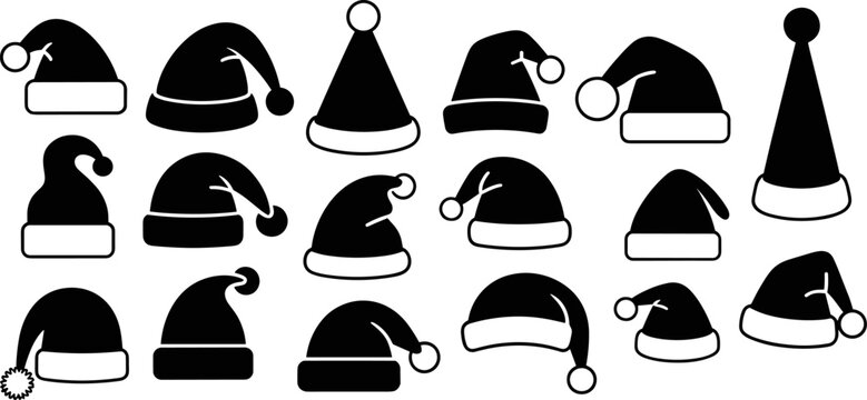 Collection of black Santa Claus hats with white trim and pom poms Keywords: Christmas, Santa hat, holiday, festive, winter, celebration