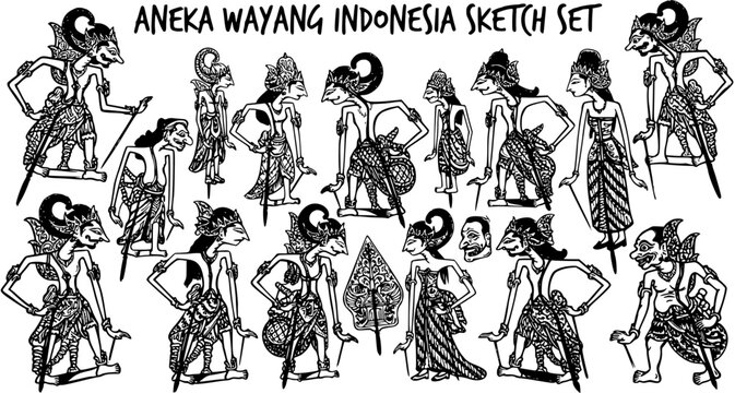 Traditional Indonesian Wayang Shadow Puppets Sketch Set. Cultural Javanese Folklore Characters Line Art Collection in Black and White Silhouette Style.