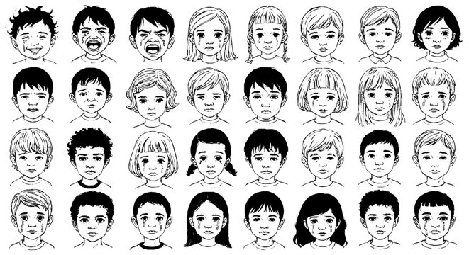 crying children and sad kids showing childhood emotional distress and vulnerability in a diverse collection of faces.