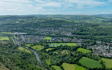 Obraz premium Ariel view of Ystalyfera, a village and community in the upper Swansea Valley, South Wales 
