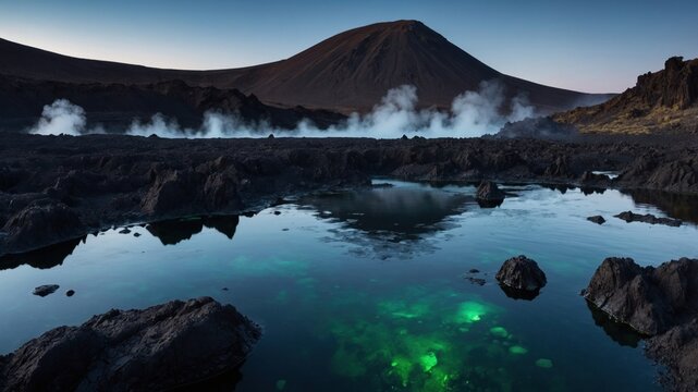 Majestic volcanic landscape at dawn with steaming vents, reflective water, and rugged terrain
