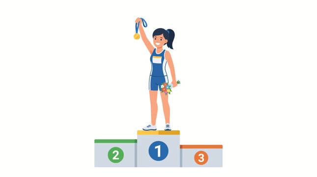Female Athlete Celebrates Victory on Top Podium with Gold Medal and Flowers