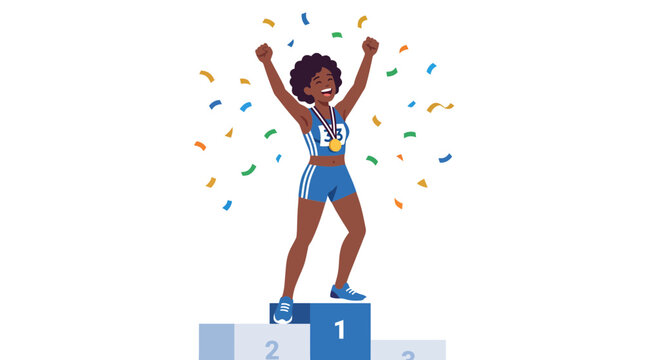 Black Woman Athlete Victory Celebration on Podium with Confetti and Gold Medal