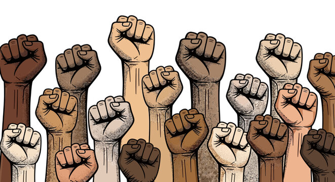 raised fists illustrating diversity and unity a powerful symbol of protest social justice and human rights movements.