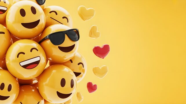 World emoji day 3d banner background. Emoji Celebration 3D Banner Background. World emoji day with a funny emojis. World smile day emojis. Mental health assessment, world mental health day concept.