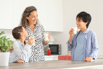 Fototapeta premium Happy mother with her little children drinking milk in kitchen