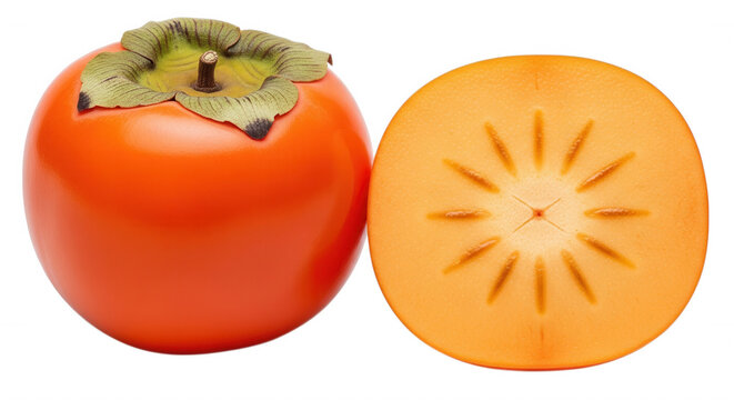 A whole ripe orange persimmon fruit with a green calyx next to a cross-section slice showing the internal star-shaped seed pattern