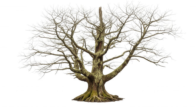 A wide, leafless deciduous tree with a textured brown trunk and intricate, frost-covered white branches isolated against a black background