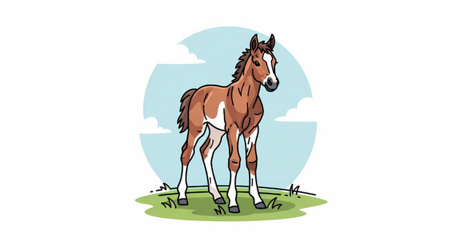 Cute brown foal standing in a green field