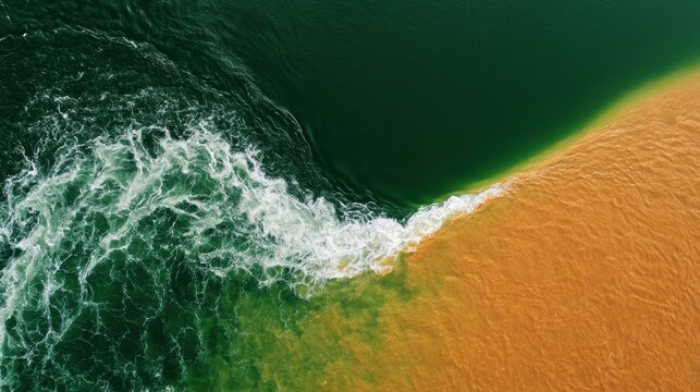 Aerial top down view of two contrasting ocean currents meeting green and orange water