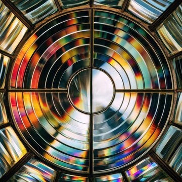 Antique Fresnel lens lighthouse beacon glowing with bright warm light rays at night